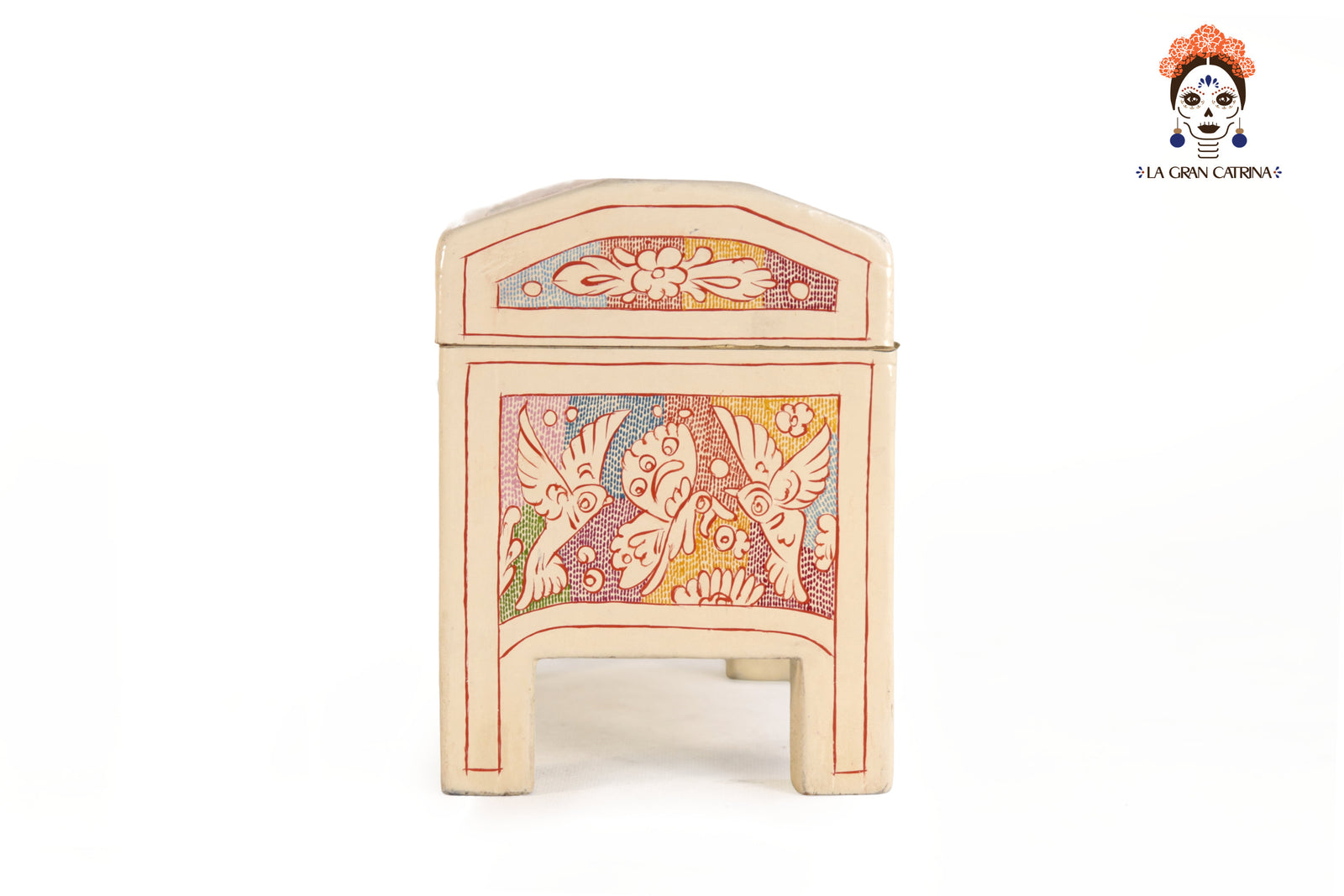 Cofre Artesanal de Olinalá Blanco con Aves - 19.5 cm. 7.7 in. Olinala