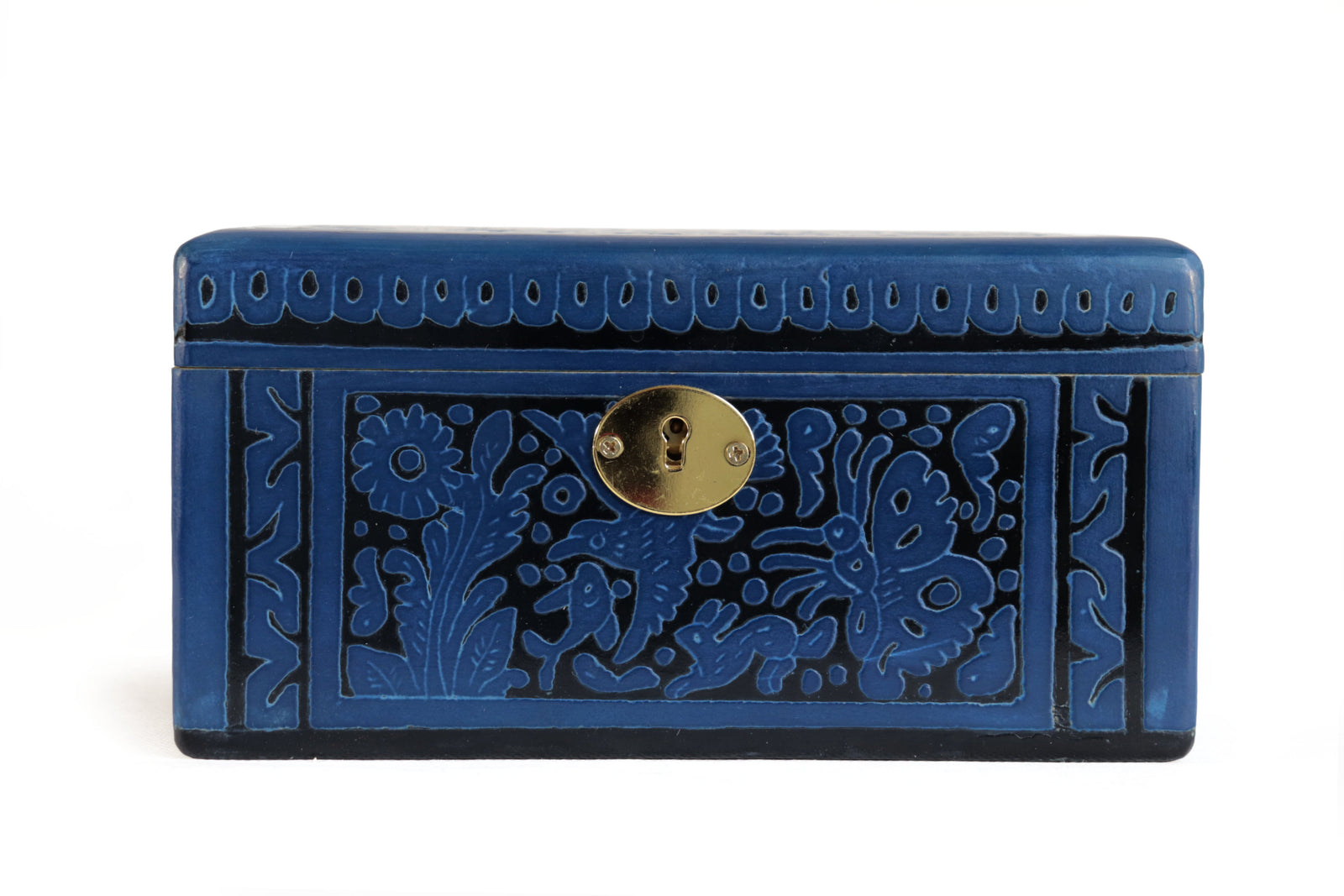 Cofre Artesanal de Olinalá Negro con Azul - 19.5 cm. 7.7 in. Olinala