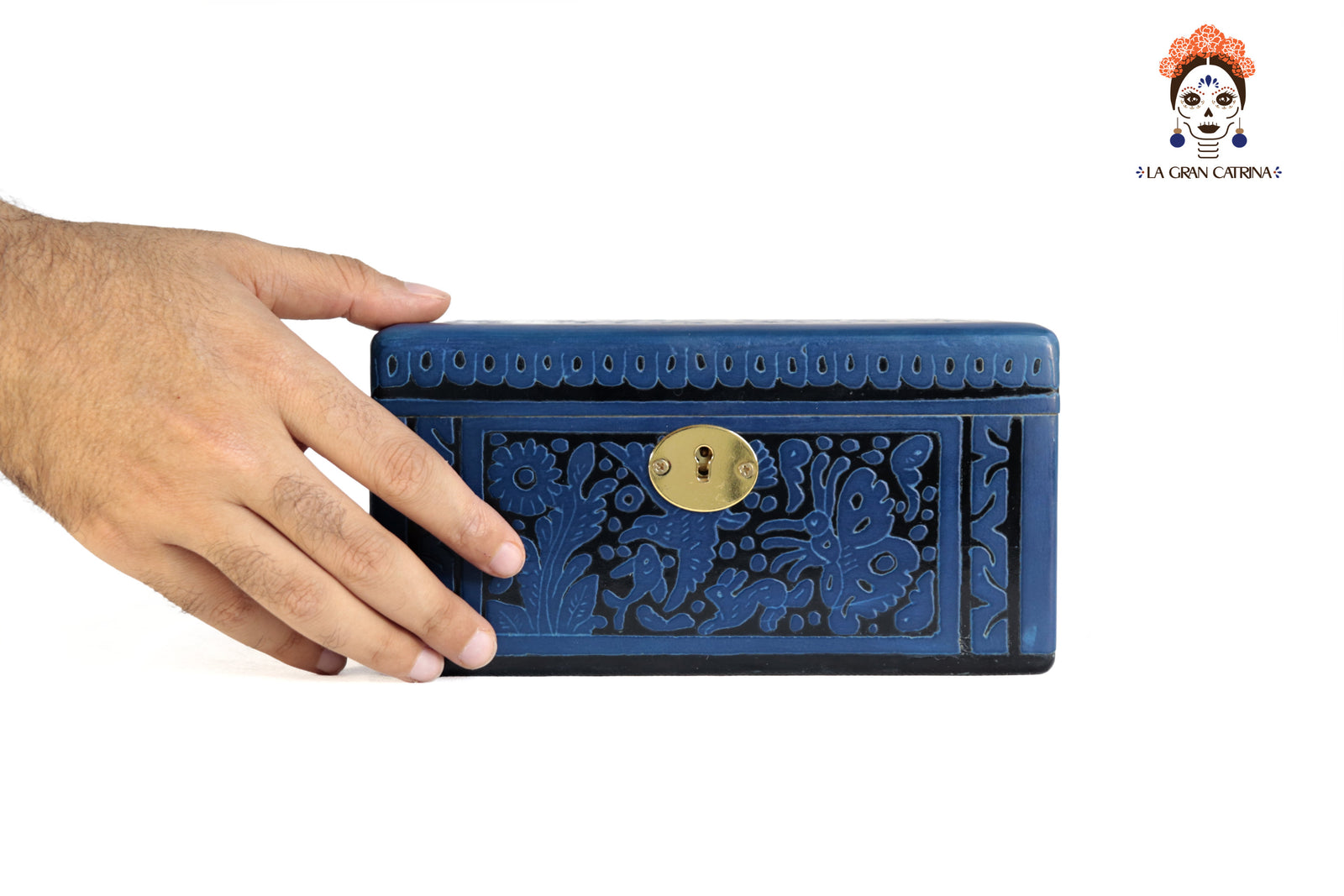 Cofre Artesanal de Olinalá Negro con Azul - 19.5 cm. 7.7 in. Olinala