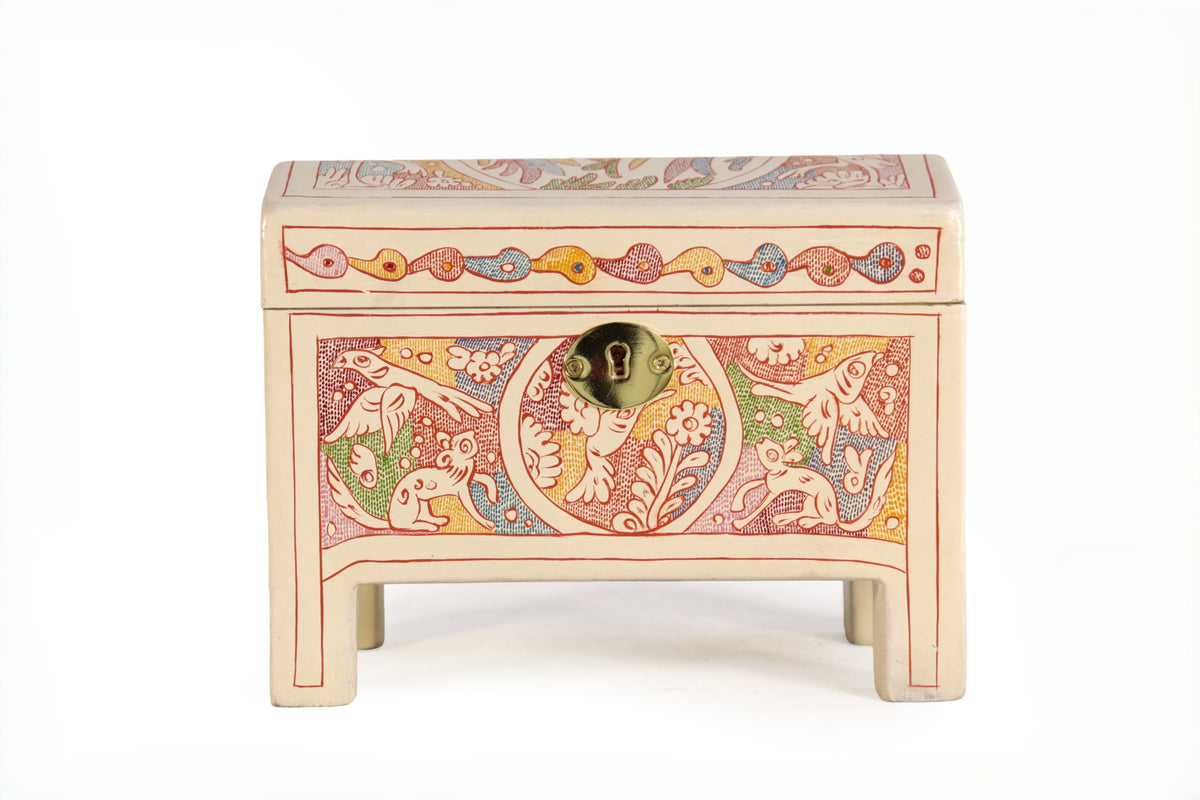 Cofre Artesanal de Olinalá Blanco con Aves - 19.5 cm. 7.7 in.