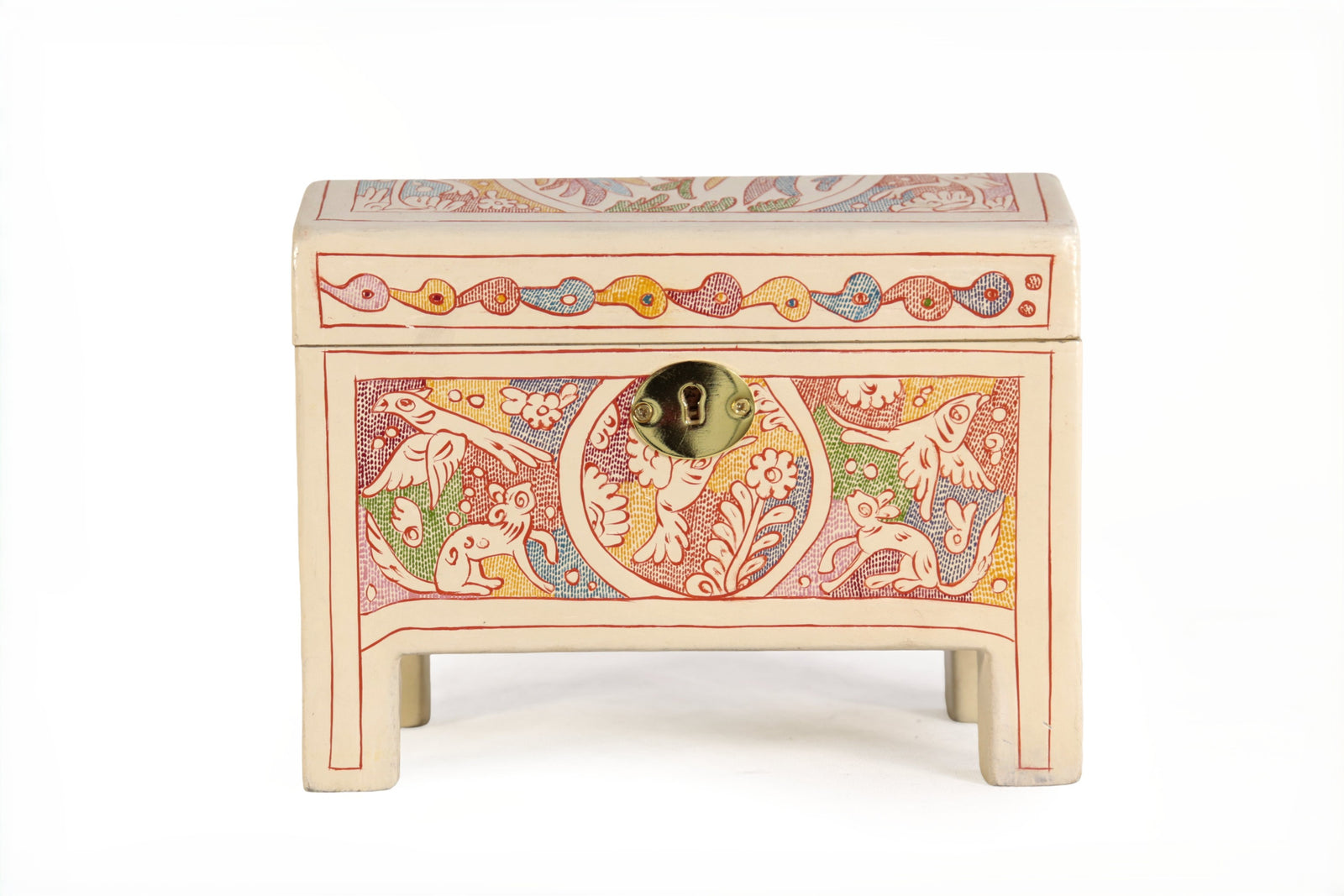 Cofre Artesanal de Olinalá Blanco con Aves - 19.5 cm. 7.7 in. Olinala