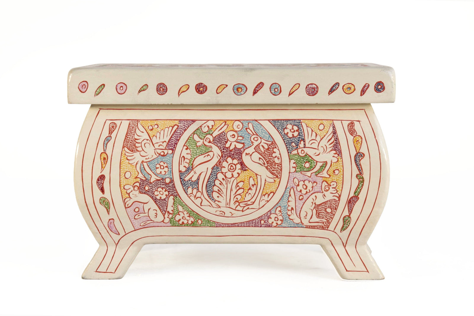 Caja Artesanal de Olinalá Blanca con Fauna Colorida - 20.2 cm. 8 in. Olinala