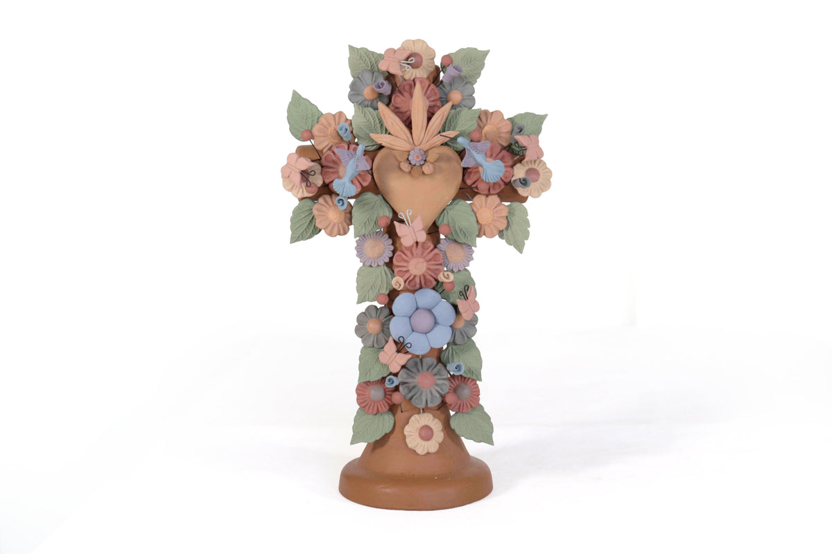 Cruz Floral de Barro con Corazon y Aves - 30 Cm 11.8 in. Artesanía
