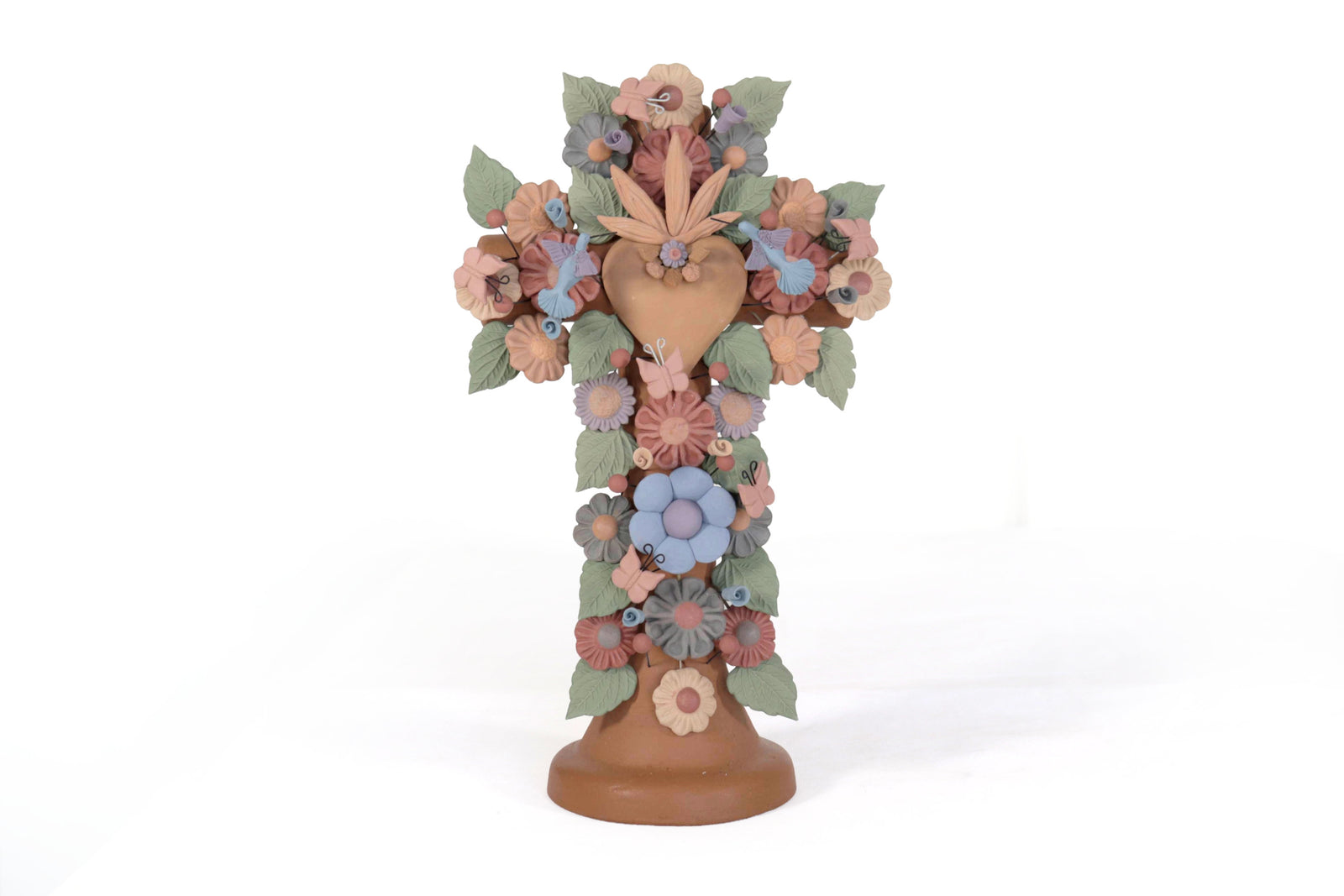 Cruz Floral de Barro con Corazon y Aves - 30 Cm 11.8 in. Artesanía