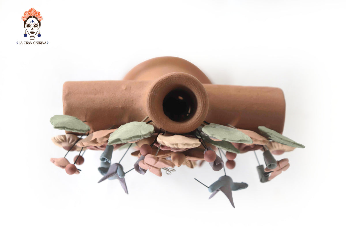 Cruz Floral de Barro con Corazon y Aves - 30 Cm 11.8 in. Artesanía