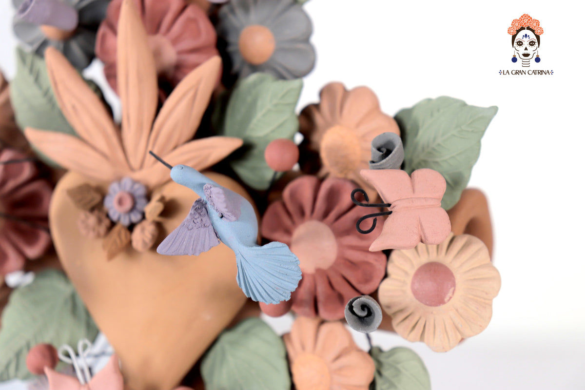 Cruz Floral de Barro con Corazon y Aves - 30 Cm 11.8 in. Artesanía