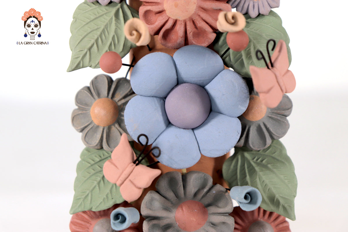Cruz Floral de Barro con Corazon y Aves - 30 Cm 11.8 in. Artesanía