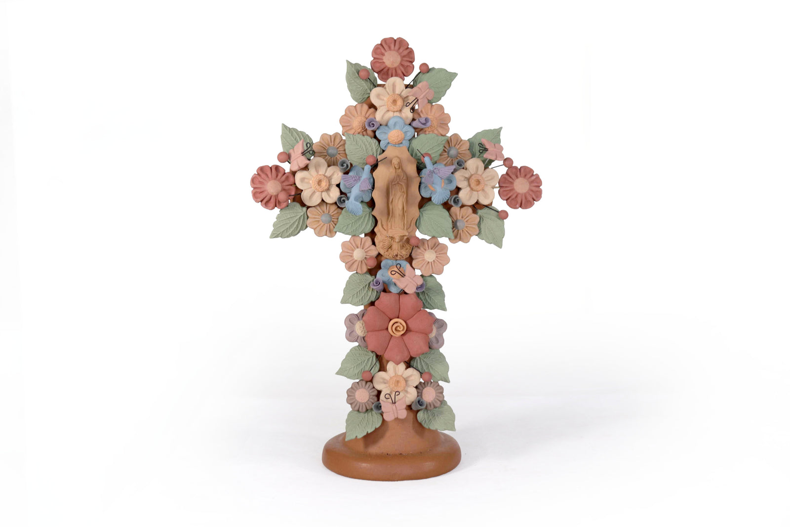 Cruz Floral de Barro con Virgen de Guadalupe y Aves - 31.3 Cm 12.3 in. Artesanía