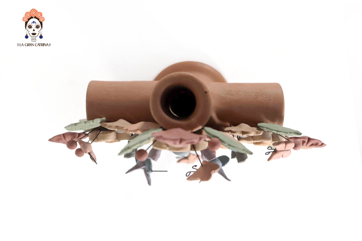 Cruz Floral de Barro con Virgen de Guadalupe y Aves - 31.3 Cm 12.3 in. Artesanía