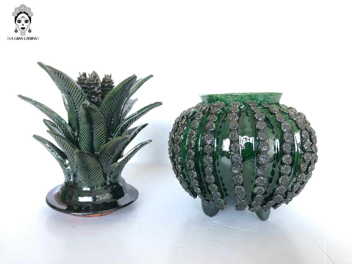 Piña michoacana de barro - Biznaga verde de Flores - Tangancícuaro - 45 cm. 18 in.