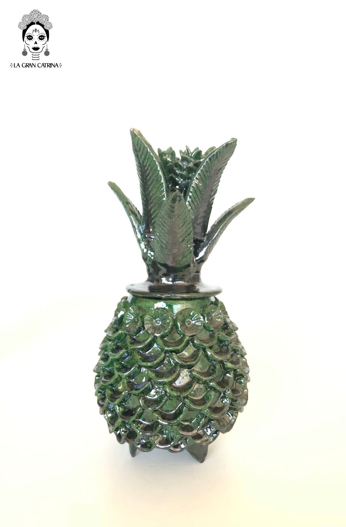 Piña michoacana de barro - Pétalos verdes - 28 cm. 11 in.