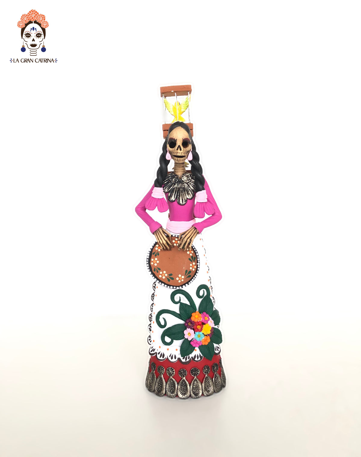Catrina Pajarera - 25 cm. 12 in. - Vestido rosa y rojo