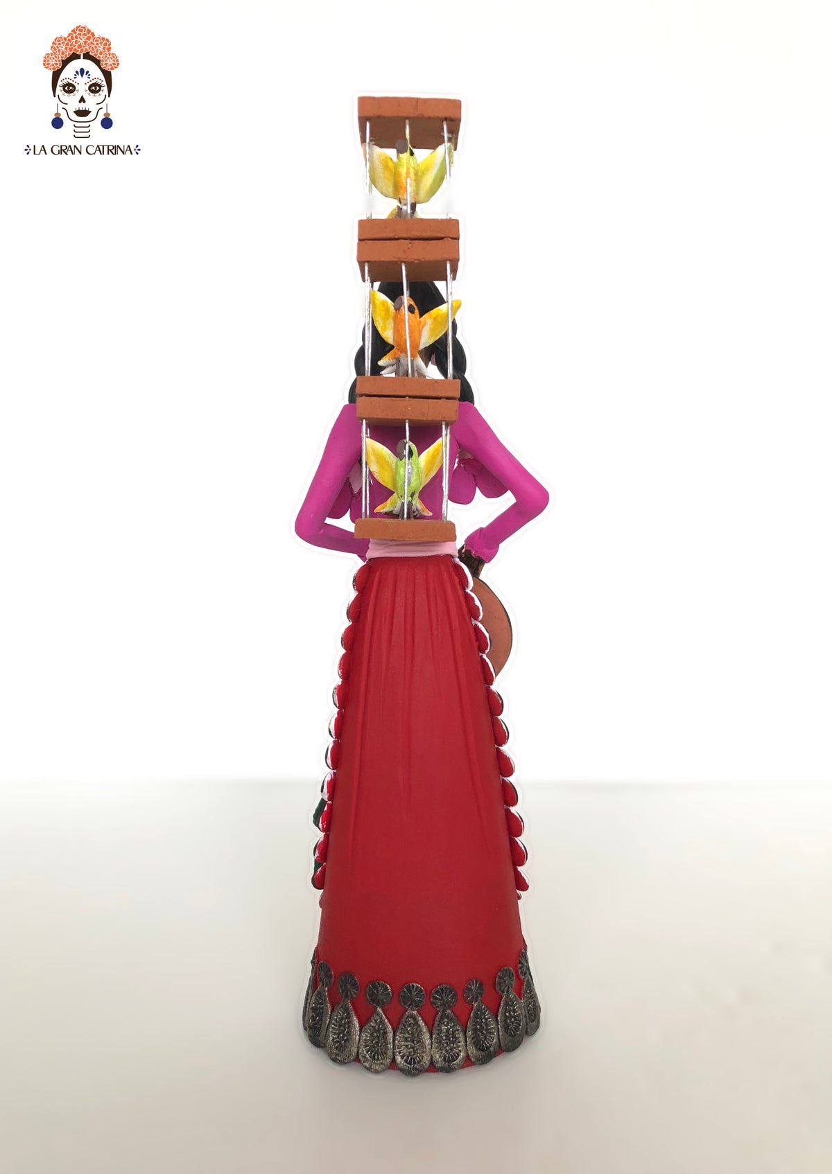 Catrina Pajarera - 25 cm. 12 in. - Vestido rosa y rojo