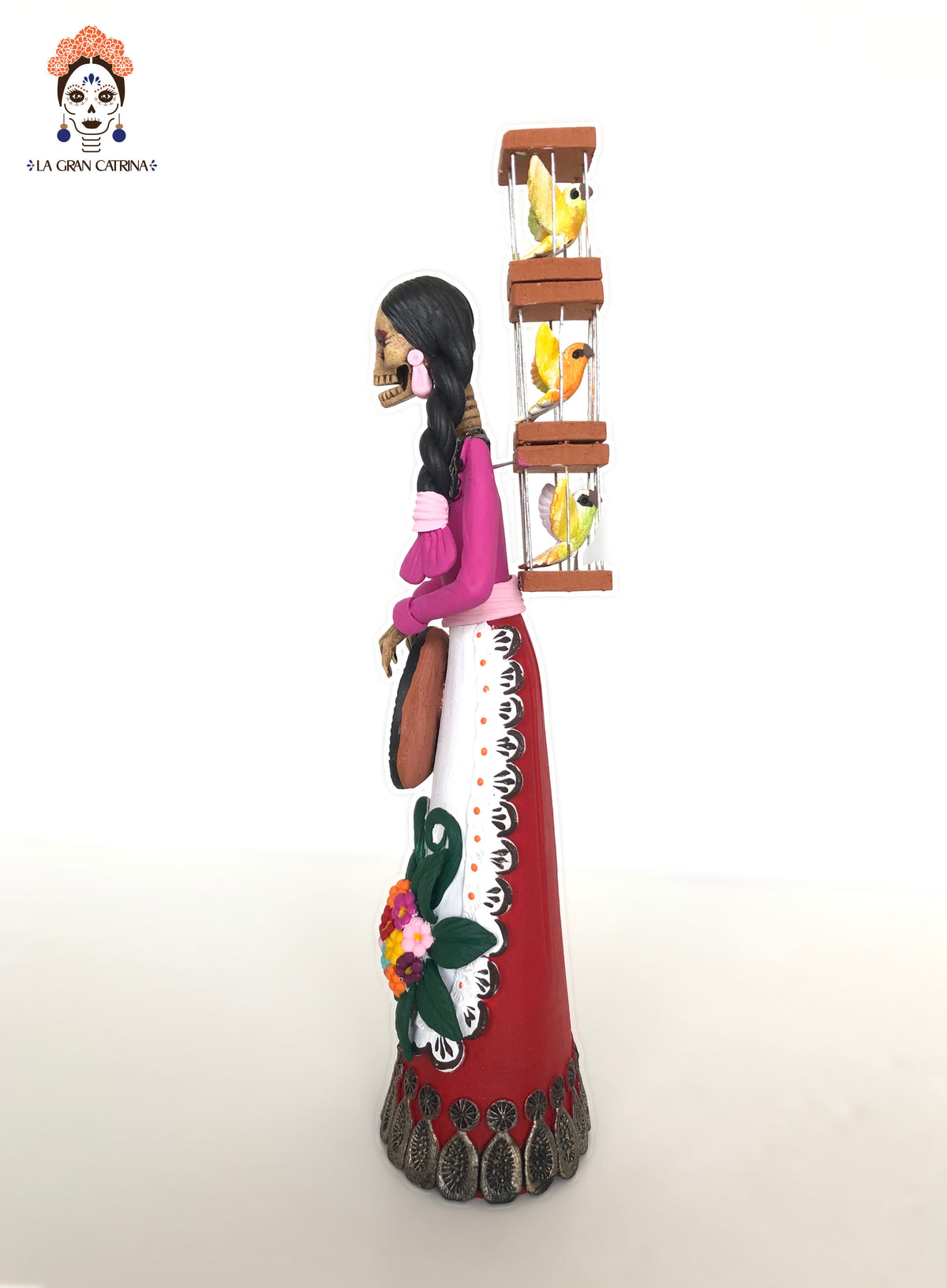 Catrina Pajarera - 25 cm. 12 in. - Vestido rosa y rojo