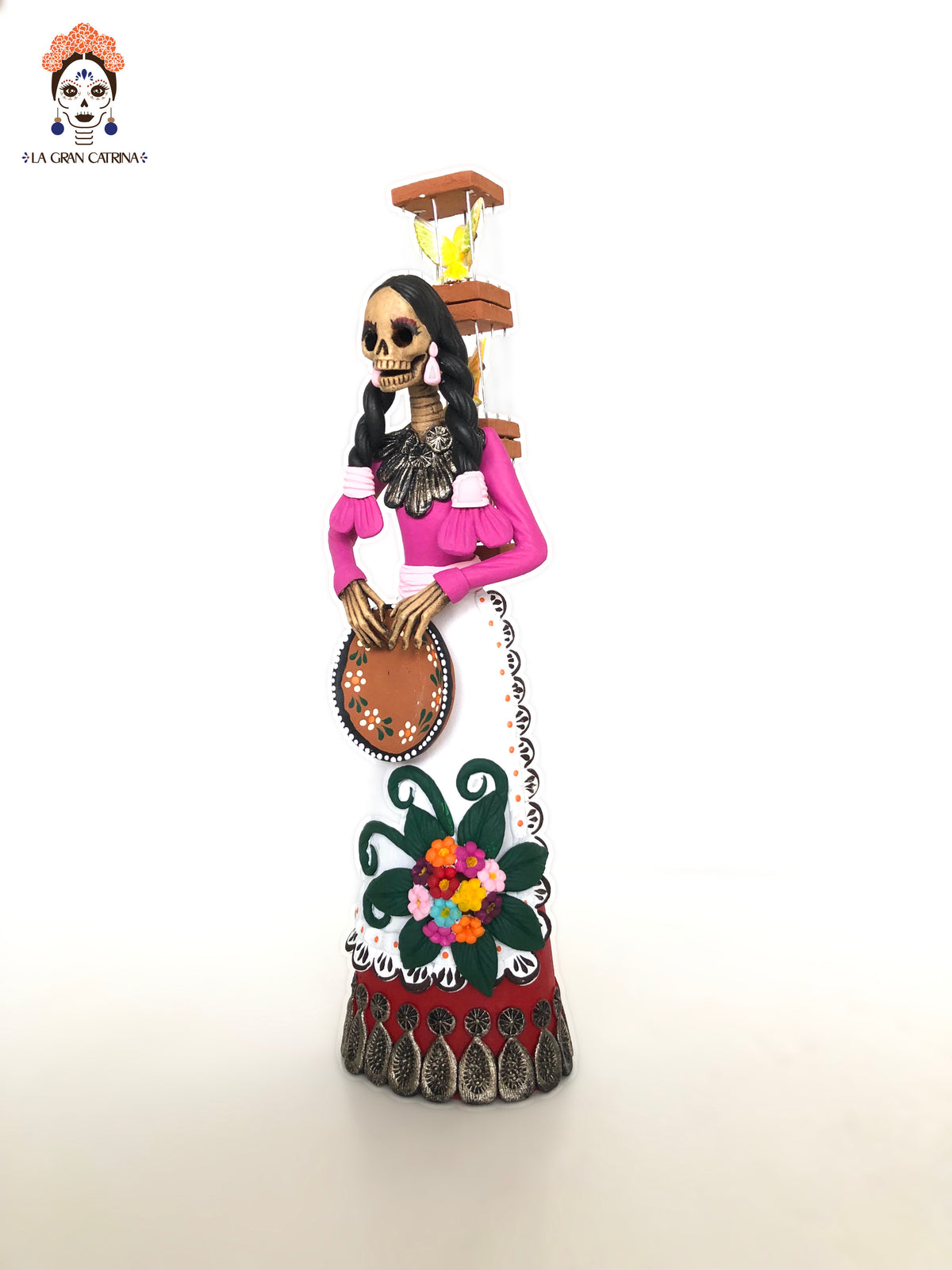 Catrina Pajarera - 25 cm. 12 in. - Vestido rosa y rojo