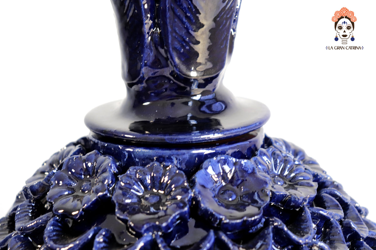 Piña michoacana de barro - Platillo de Pétalos azules con flores - 33 cm. 13 in. Piña