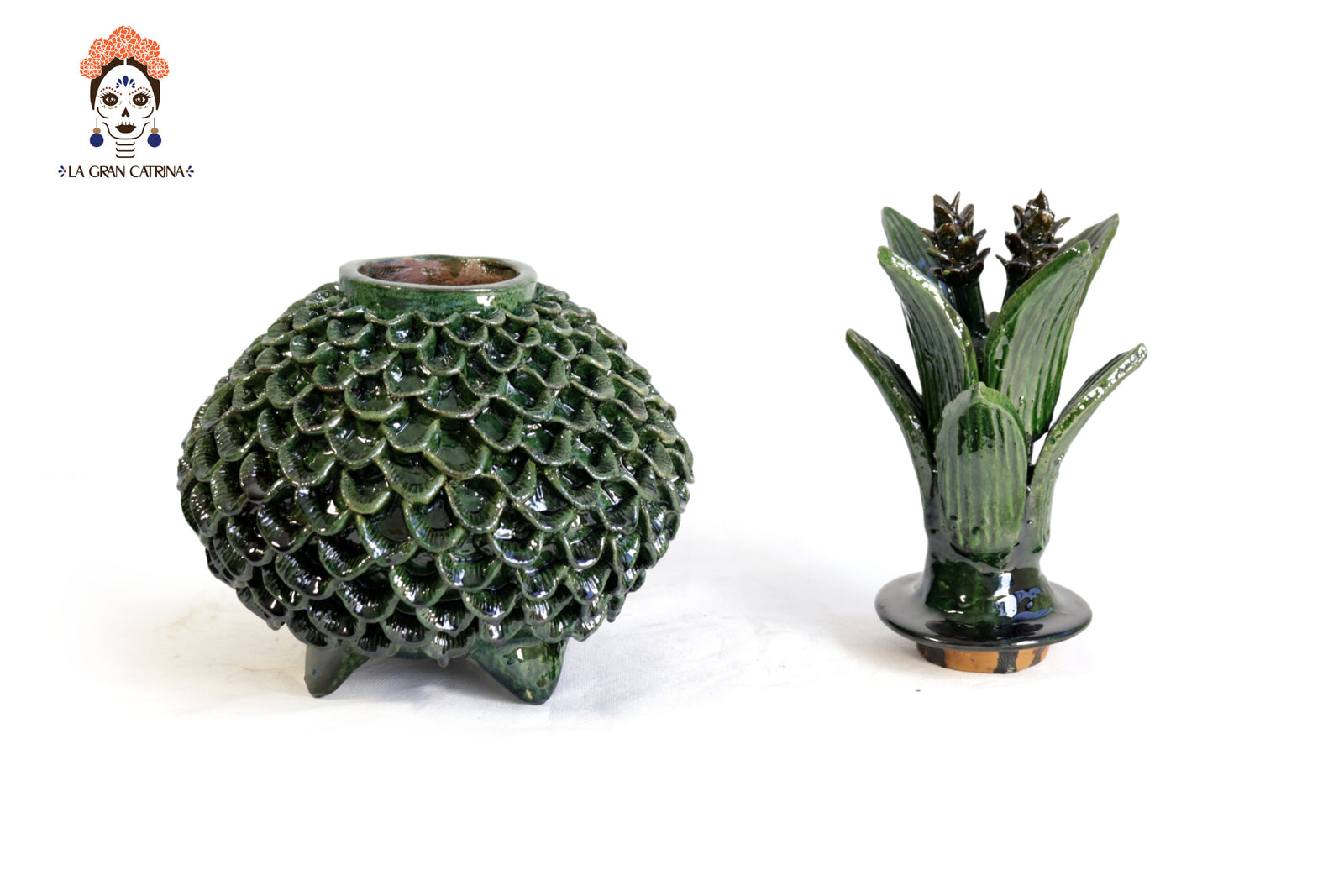 Piña michoacana de barro - Pétalos verdes - 33 cm. 13 in. Piña