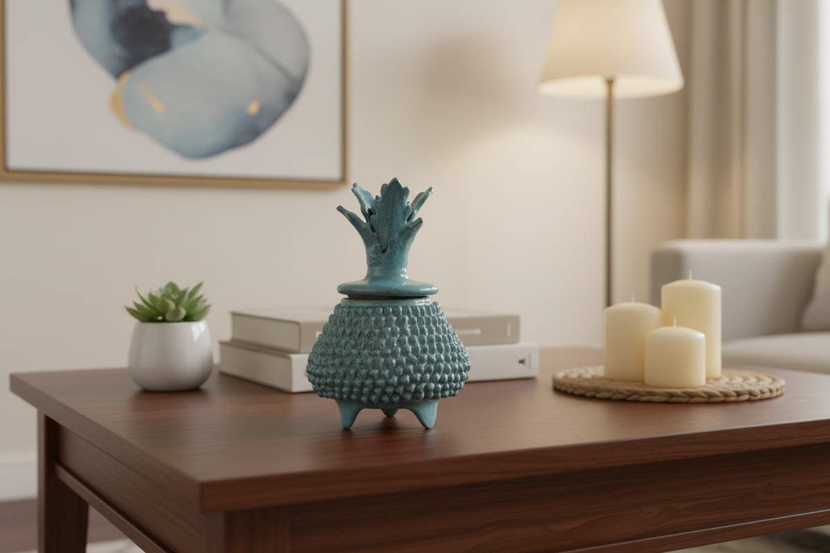 Piña de barro vidriado - Ladrillos turquesa - 19 cm. 7.7 in.