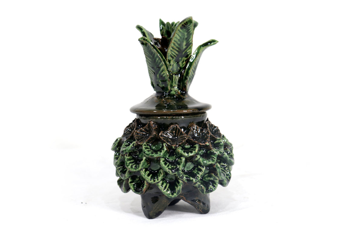 Piña michoacana de barro - Verde y cafe pequeña pétalos y flores - 19 cm. 7.7 in.