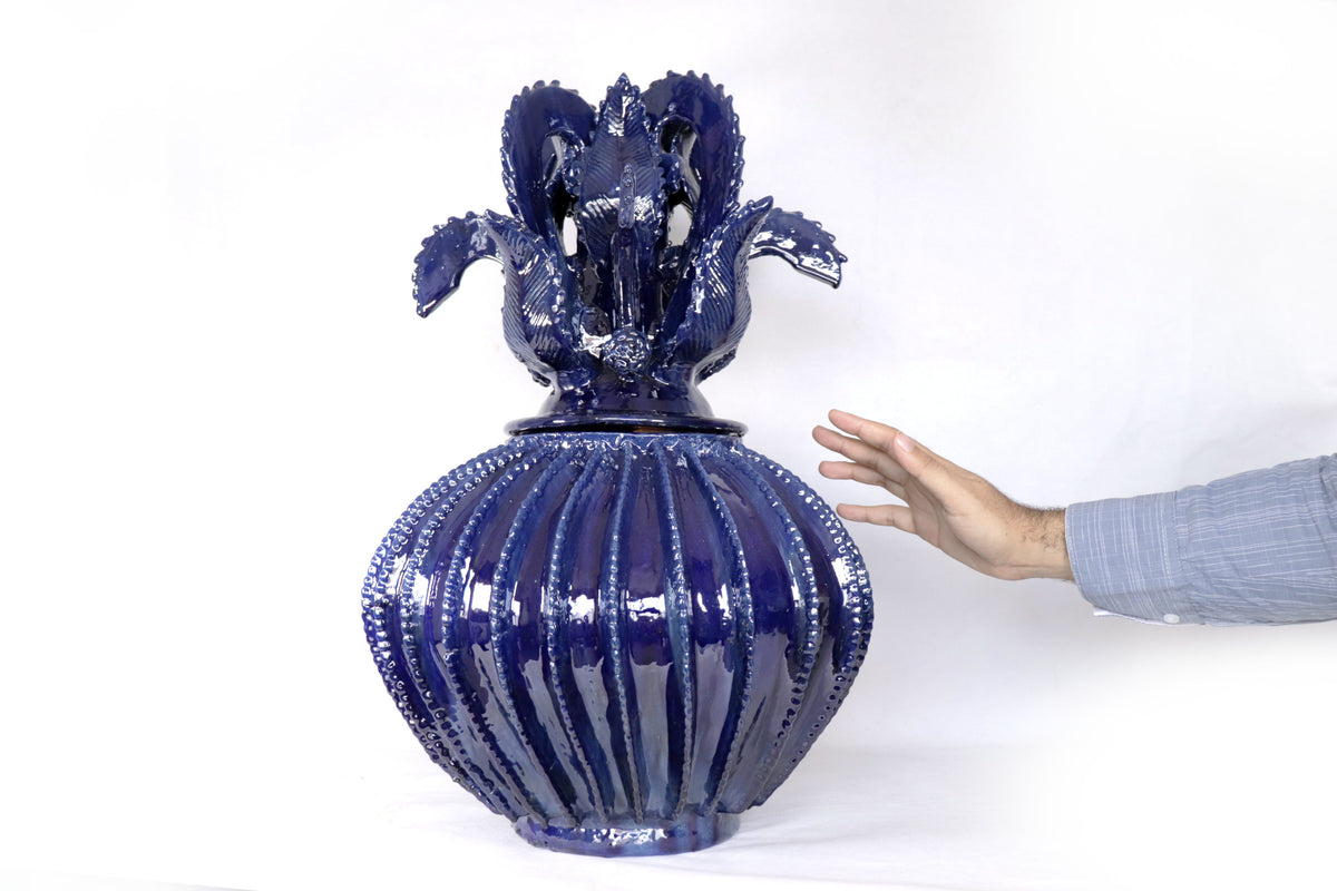 Piña michoacana de barro - Pieza fina Tapa de Cruz - 58 cm. 23 in. - Azul Piña