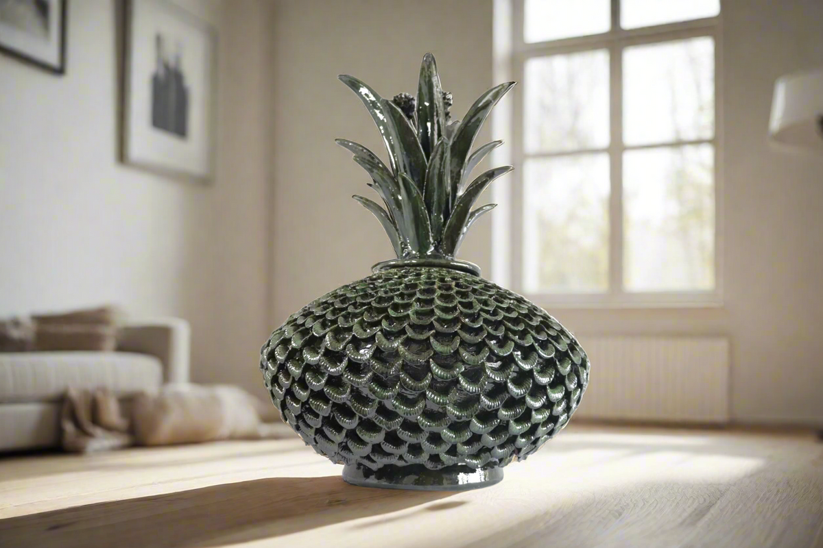 Piña platillo 58 cm pétalos verdes barro vidriado - 58 cm. 23 in.