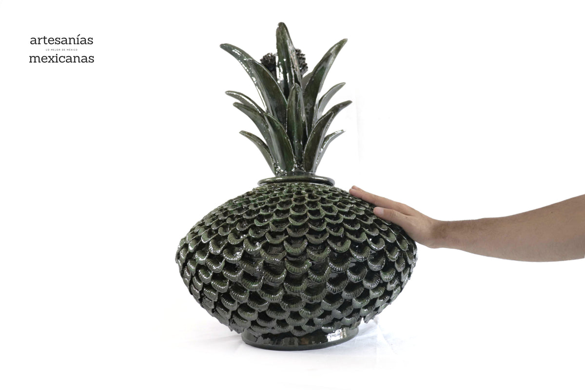 Piña platillo 58 cm pétalos verdes barro vidriado - 58 cm. 23 in.