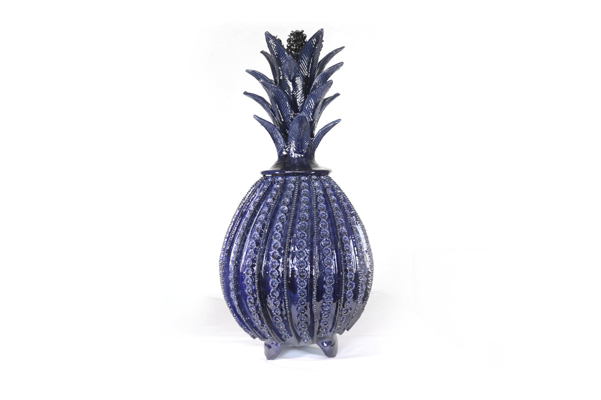 Piña michoacana de barro - Azul Biznaga con Flores - 70 cm. 27.5 in.