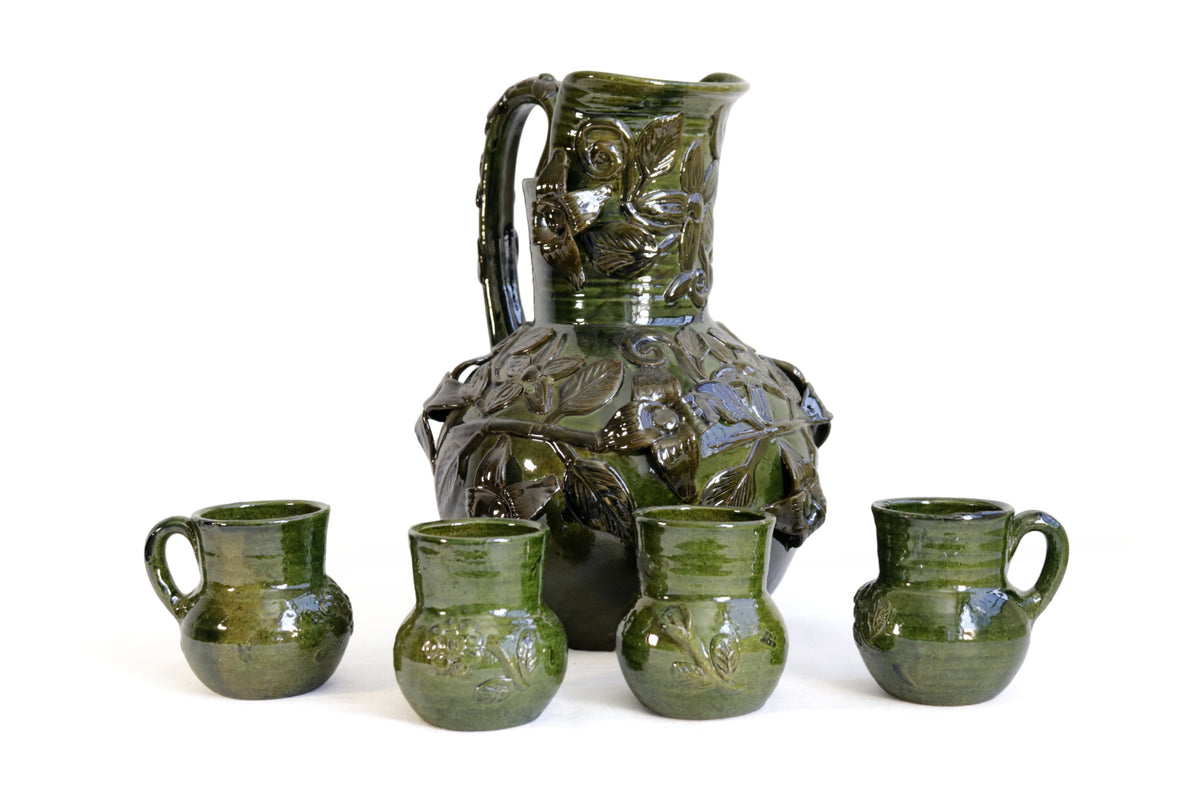 Set de Jarra Floral y Tasas de Barro vidriado 34 cm. 13.3 in.
