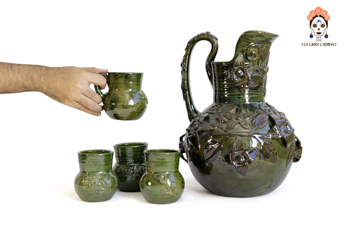 Set de Jarra Floral y Tasas de Barro vidriado 34 cm. 13.3 in.