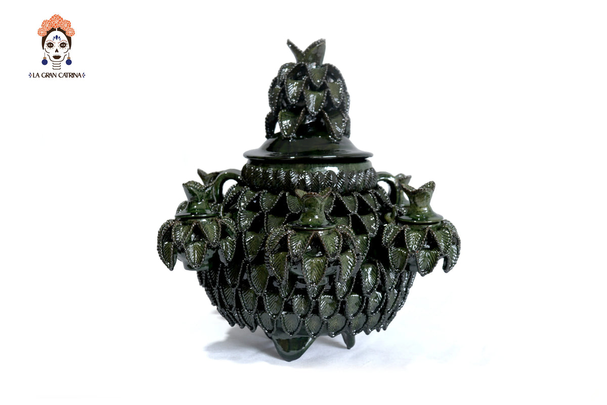 Ponchera verde vidriada con jarritos de barro - 40 cm. 16 in. Piña