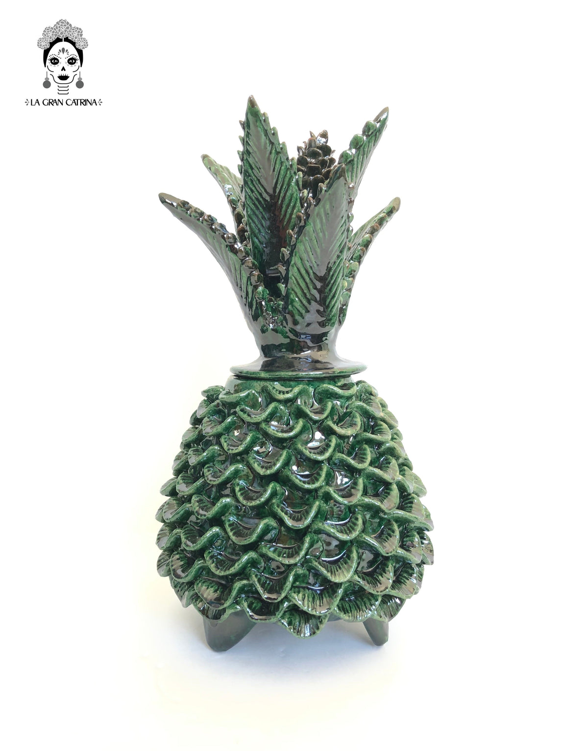 Piña michoacana de barro - Pétalos verdes - 33 cm. 13 in.