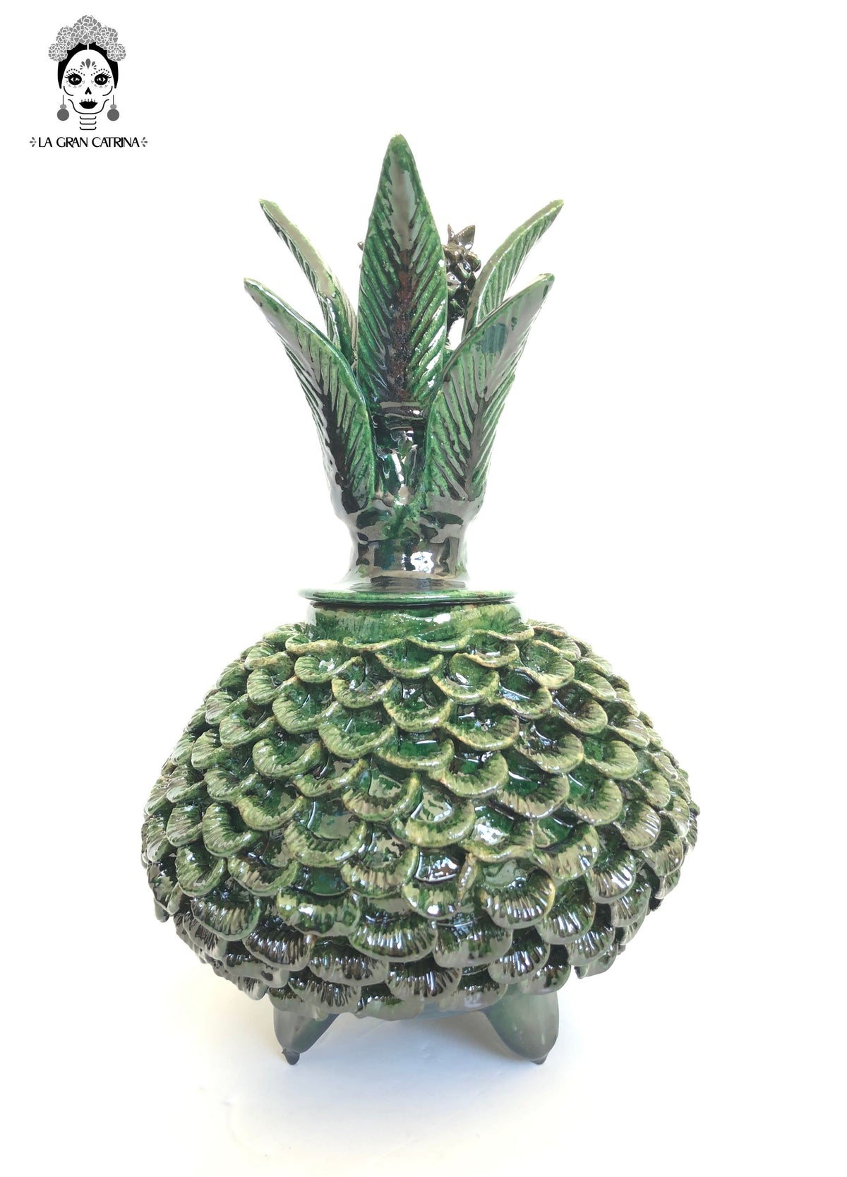 Piña michoacana de barro - Pétalos verdes - 33 cm. 13 in.