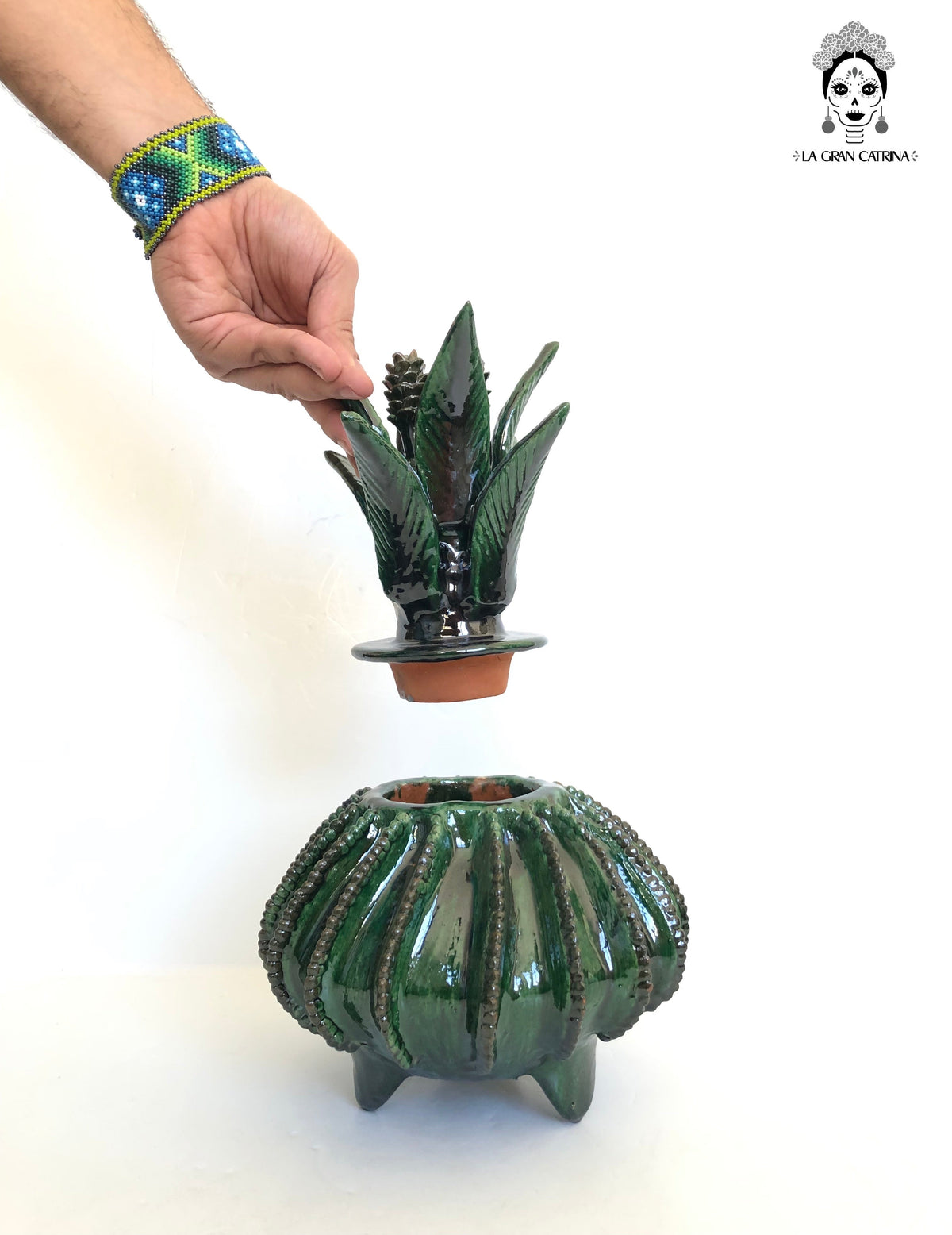 Piña michoacana de barro - Platillo Biznaga verde - 33 cm. 13 in.
