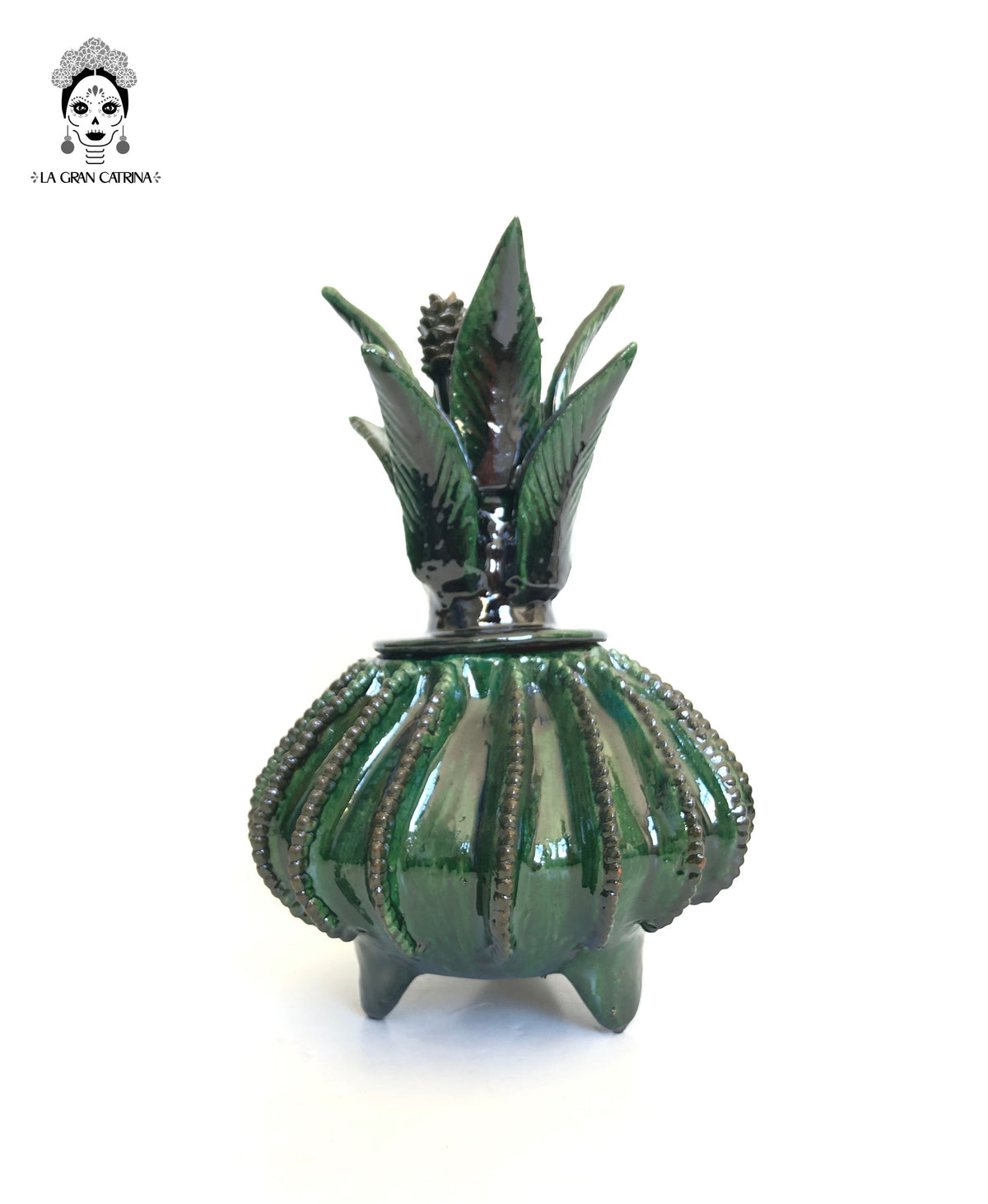 Piña michoacana de barro - Platillo Biznaga verde - 33 cm. 13 in.