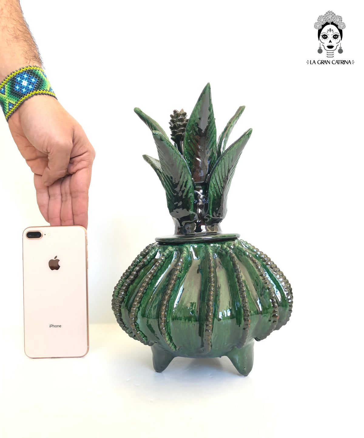 Piña michoacana de barro - Platillo Biznaga verde - 33 cm. 13 in.