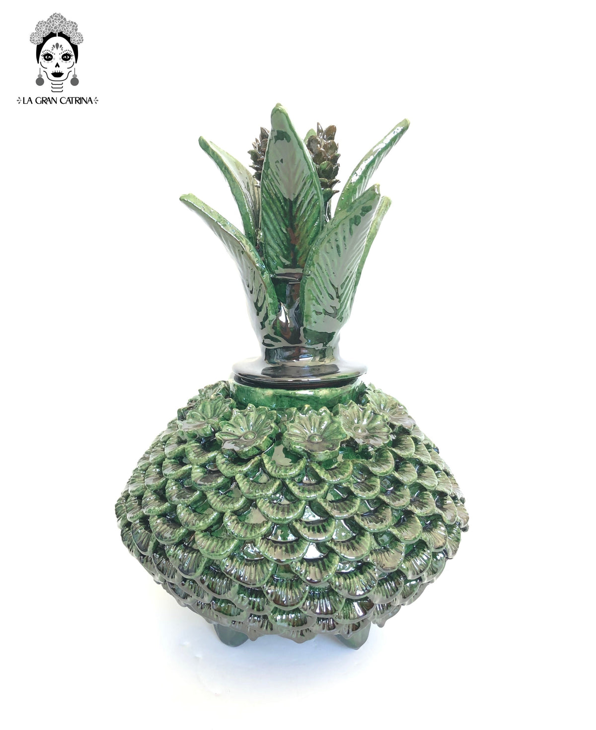 Piña michoacana de barro - Platillo de Pétalos verdes con flores - 33 cm. 13 in.